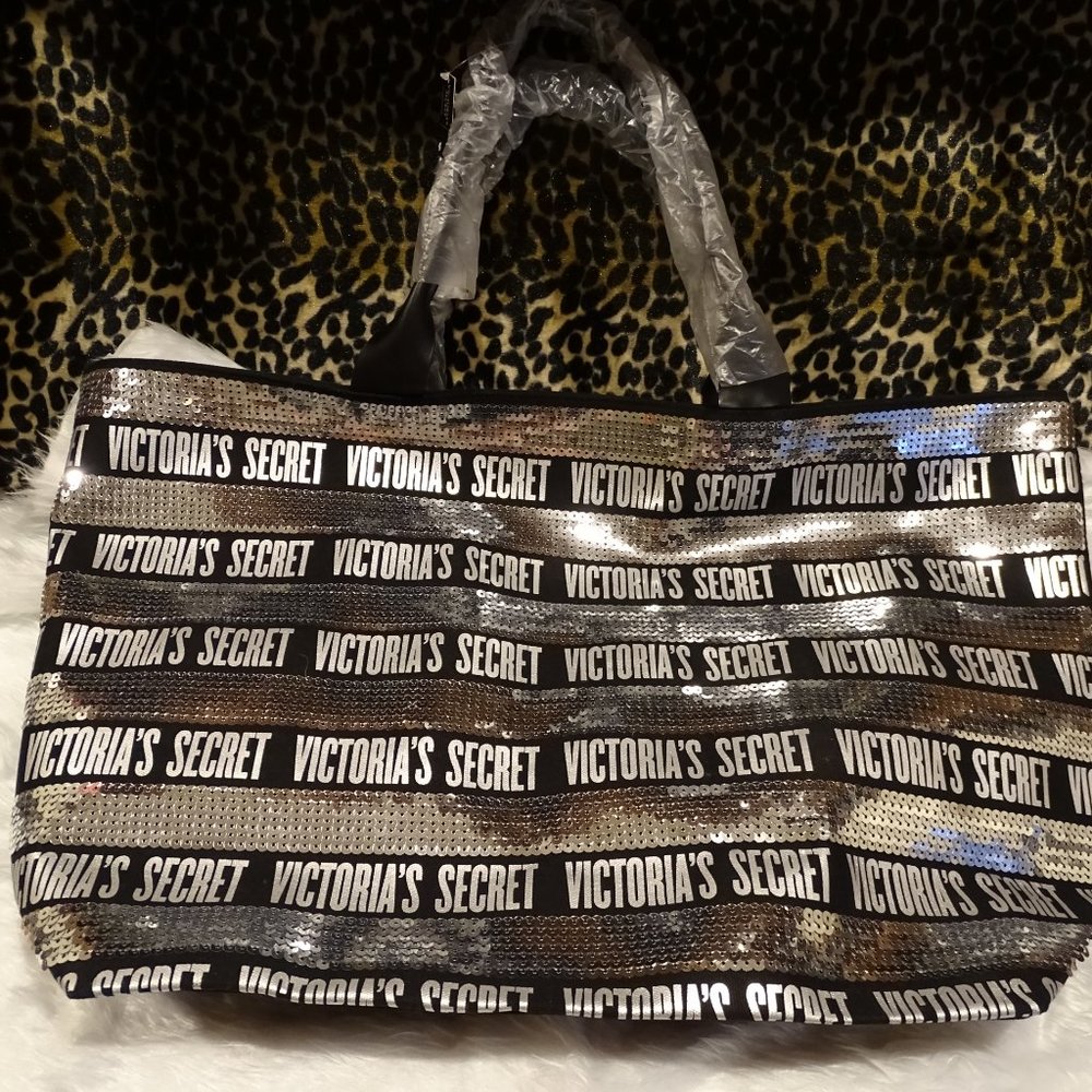 Victoria's Secret Tote Bag Sequin Weekender Black Silver Stripe & Wristlet NWT